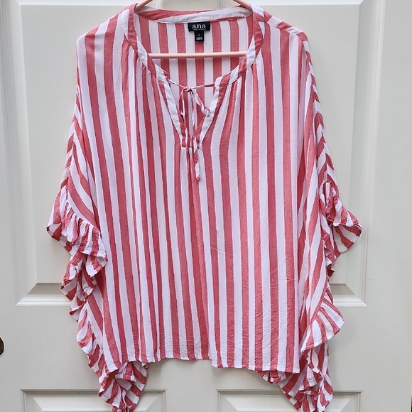 a.n.a. Red and White Striped Top Ruffled Caftan Sleeves Size Large - Picture 1 of 8